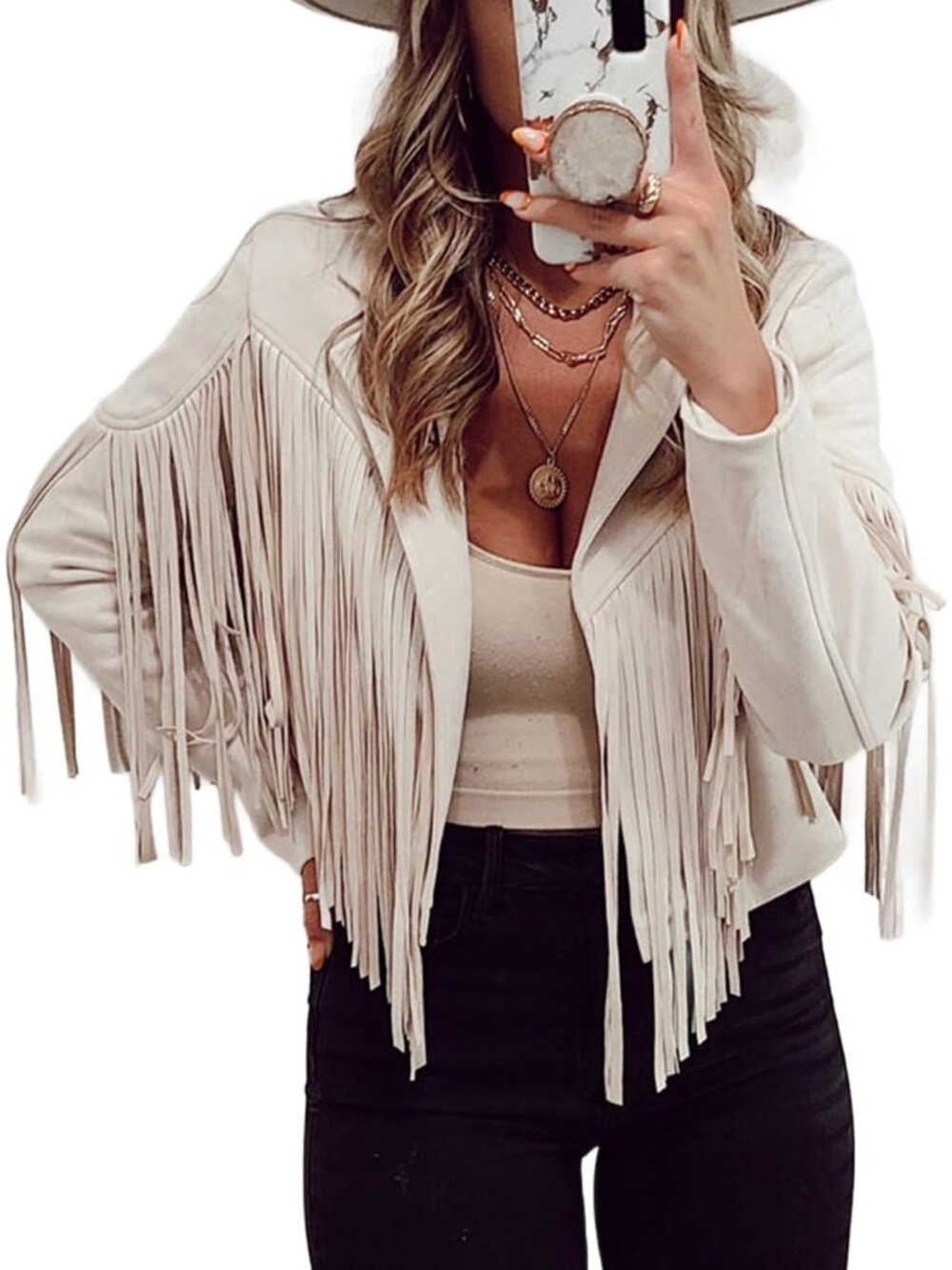 Women's Beige Leather Trendy Western Fringe Cropped Tassel Motorcycle Jackets